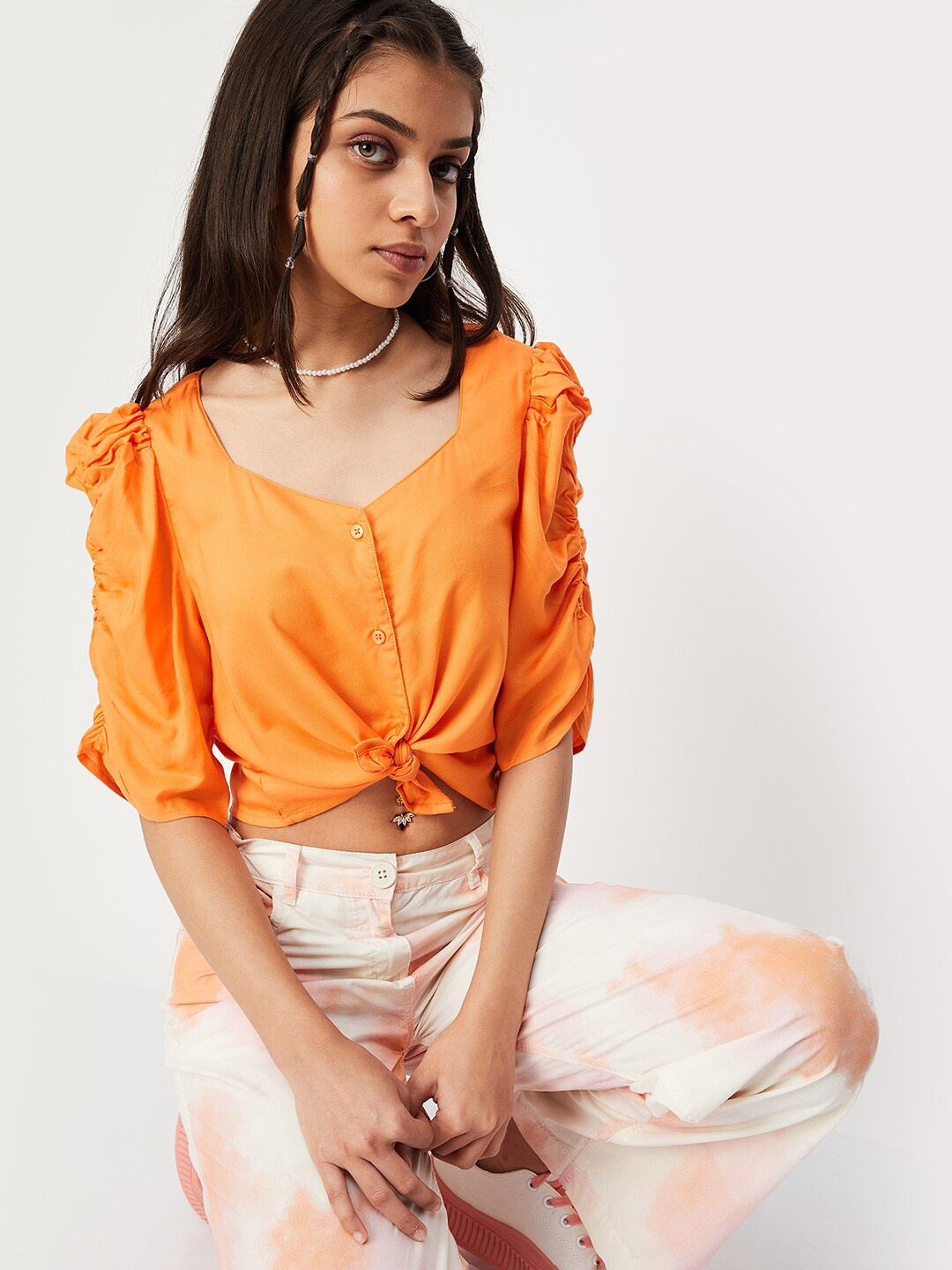 

max Girls V-Neck Ruched Sleeves Tie-Ups Crop Top, Orange