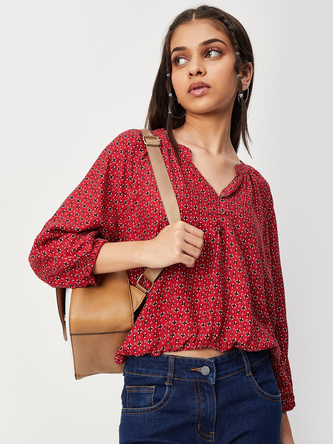 

max Girls Geometric Printed Mandarin Collar Extended Sleeves Blouson Crop Top, Red