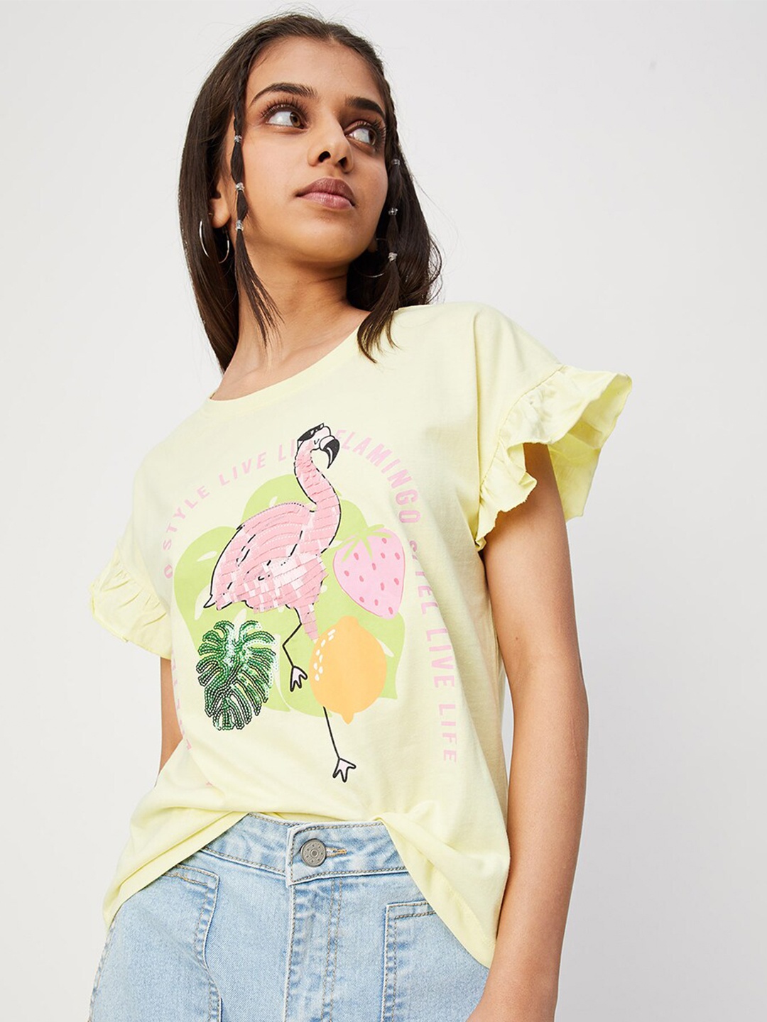 

max Girls Graphic Printed Flutter Sleeves Cotton Regular Top, Yellow