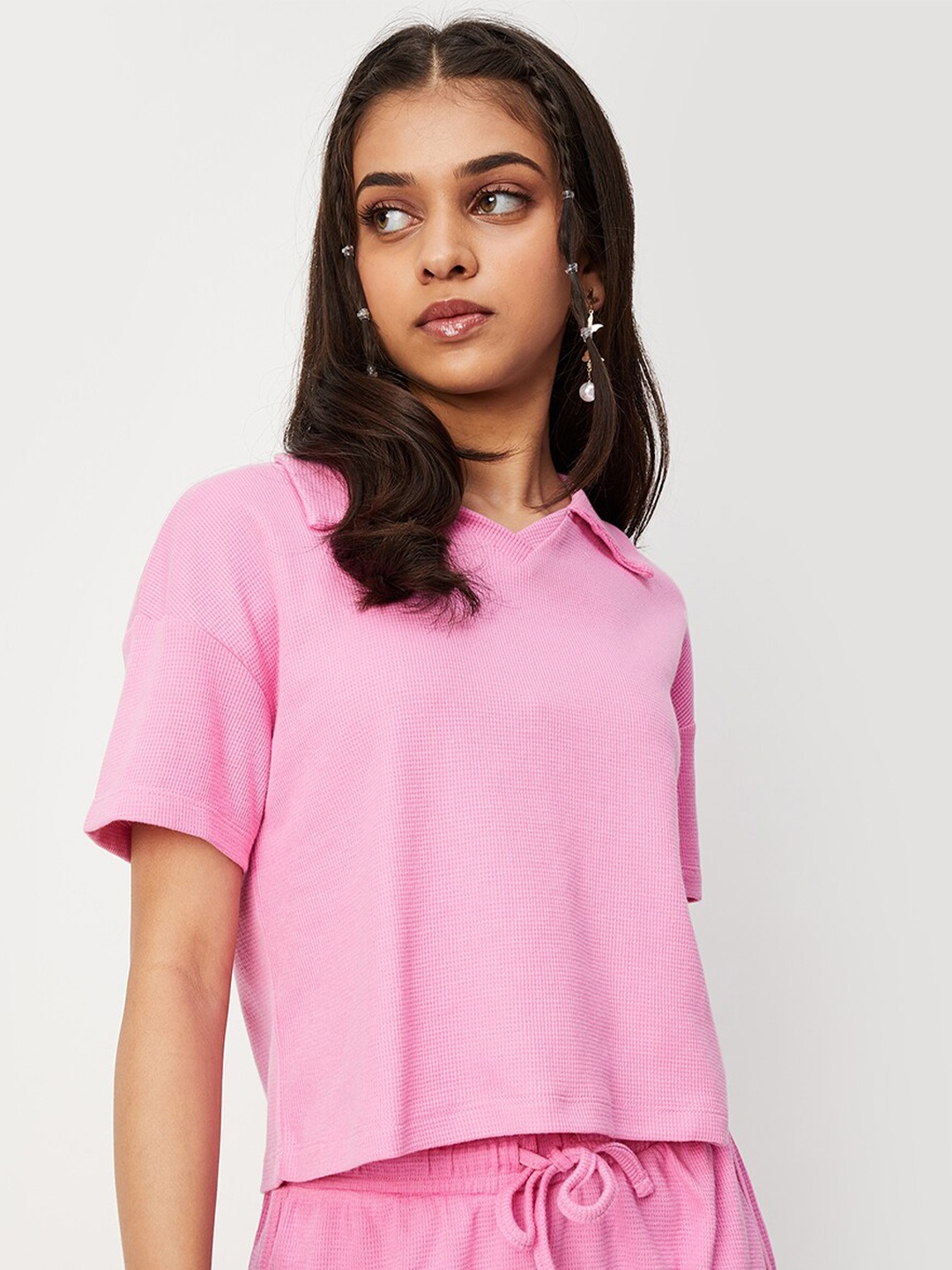 

max Girls Shirt Collar Drop-Shoulder Sleeves Cotton Regular Top, Pink