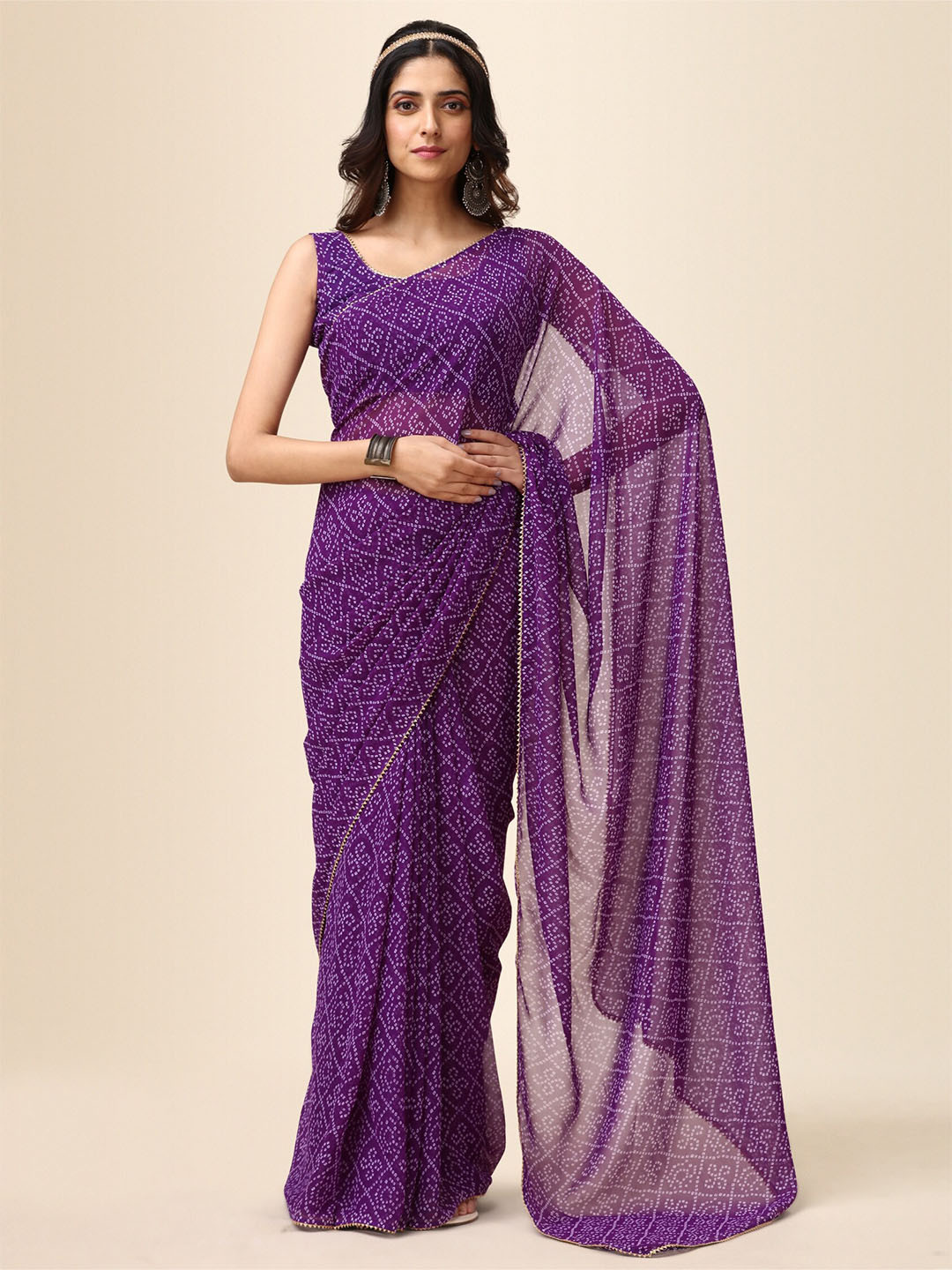 

Vaidehi Fashion Bandhani Printed Gotta Patti Pure Georgette Bandhani Saree, Purple