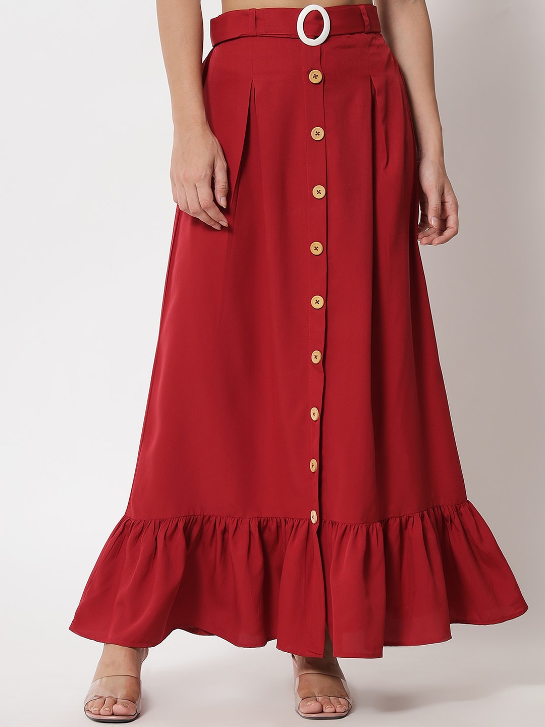 

OCEANISTA Pleated Gathered Detail A-Line Maxi Skirt, Red