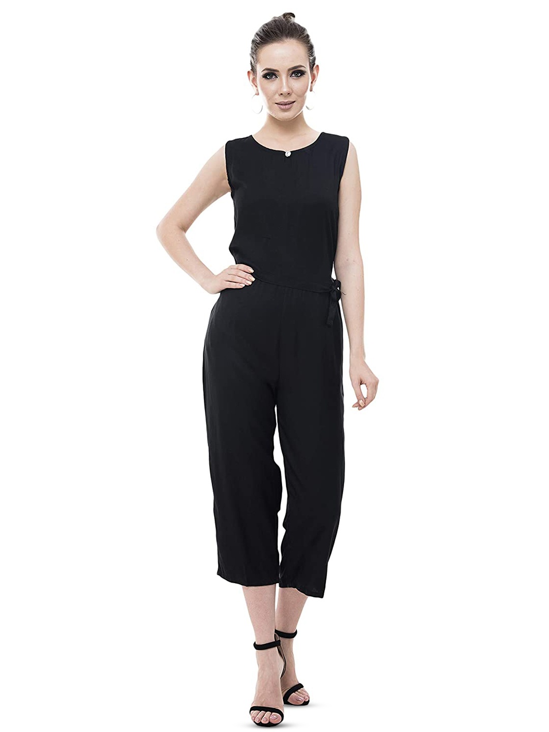 

OCEANISTA Round Neck Waist Tie-Ups Culotte Jumpsuit, Black