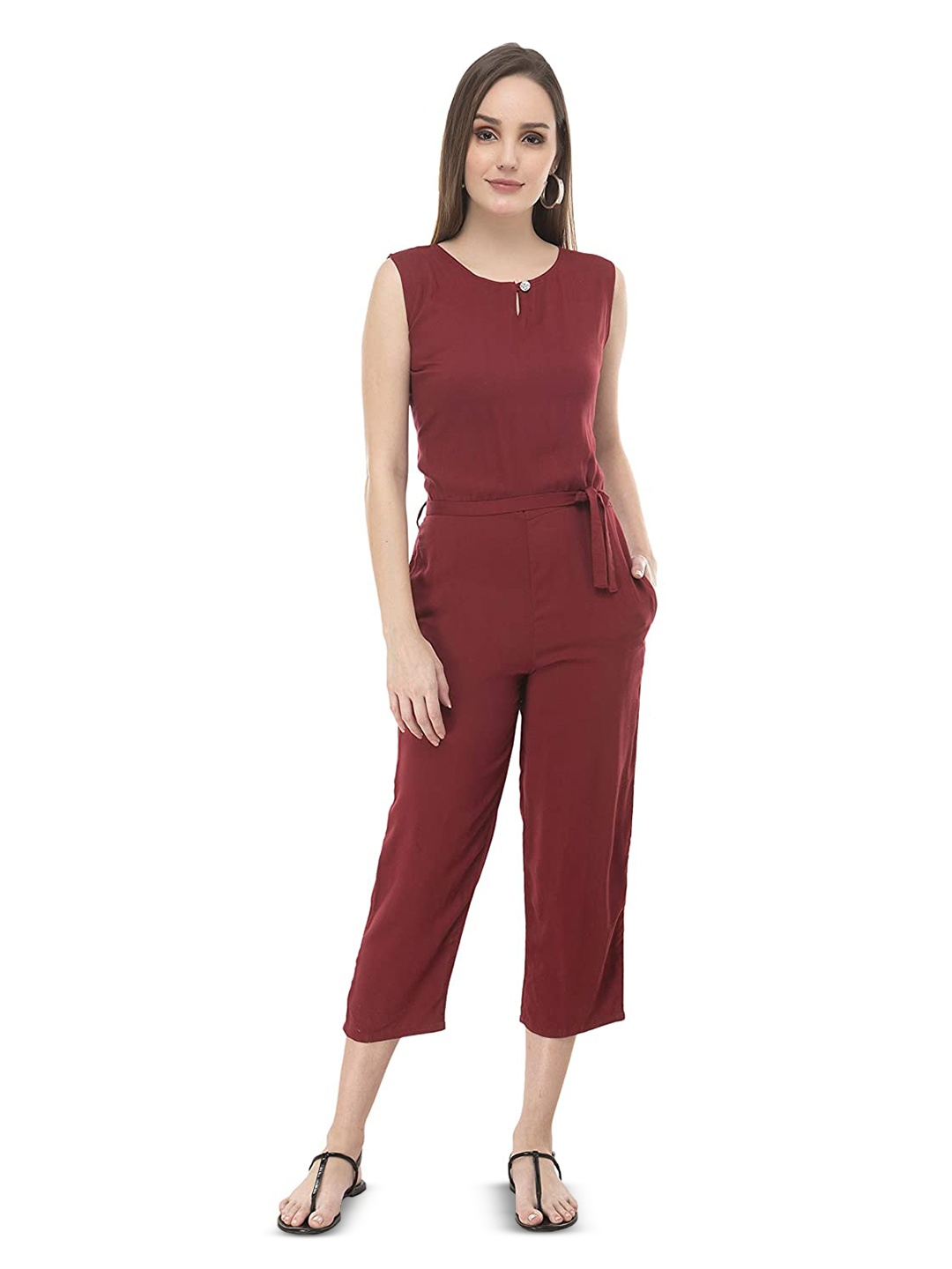 

OCEANISTA Waist Tie-Ups Capri Jumpsuit, Maroon