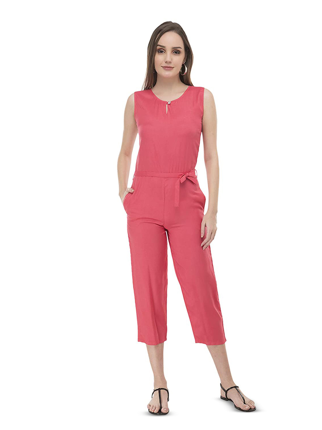 

OCEANISTA Waist Tie-Ups Capri Jumpsuit, Pink
