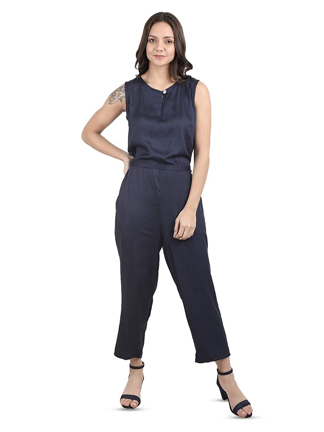 

OCEANISTA Waist Tie-Ups Basic Jumpsuit, Navy blue