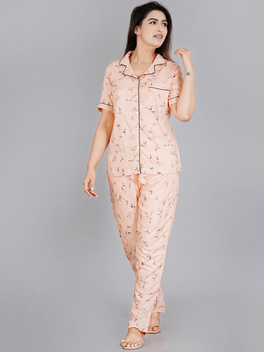 

TREND ME Floral Printed Pure Cotton Shirt With Pyjamas, Peach