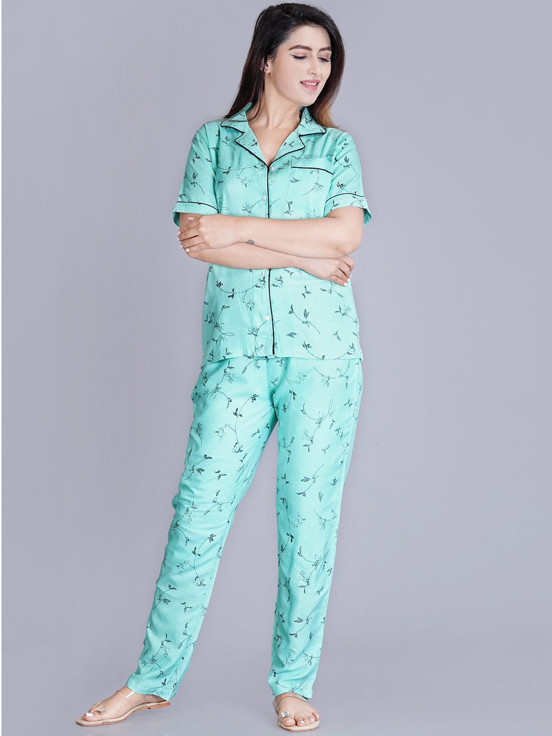 

TREND ME Floral Printed Pure Cotton Shirt With Pyjamas, Blue