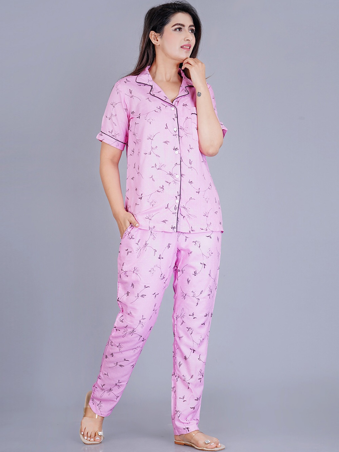 

TREND ME Floral Printed Pure Cotton Shirt With Pyjamas, Purple