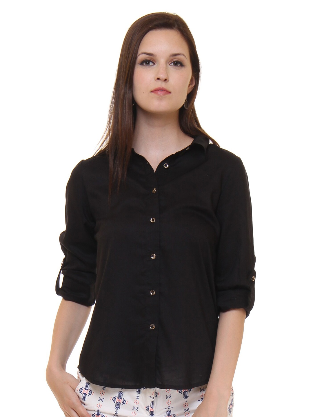 

Ruhaans Classic Fit Roll-Up Sleeves Casual Shirt, Black