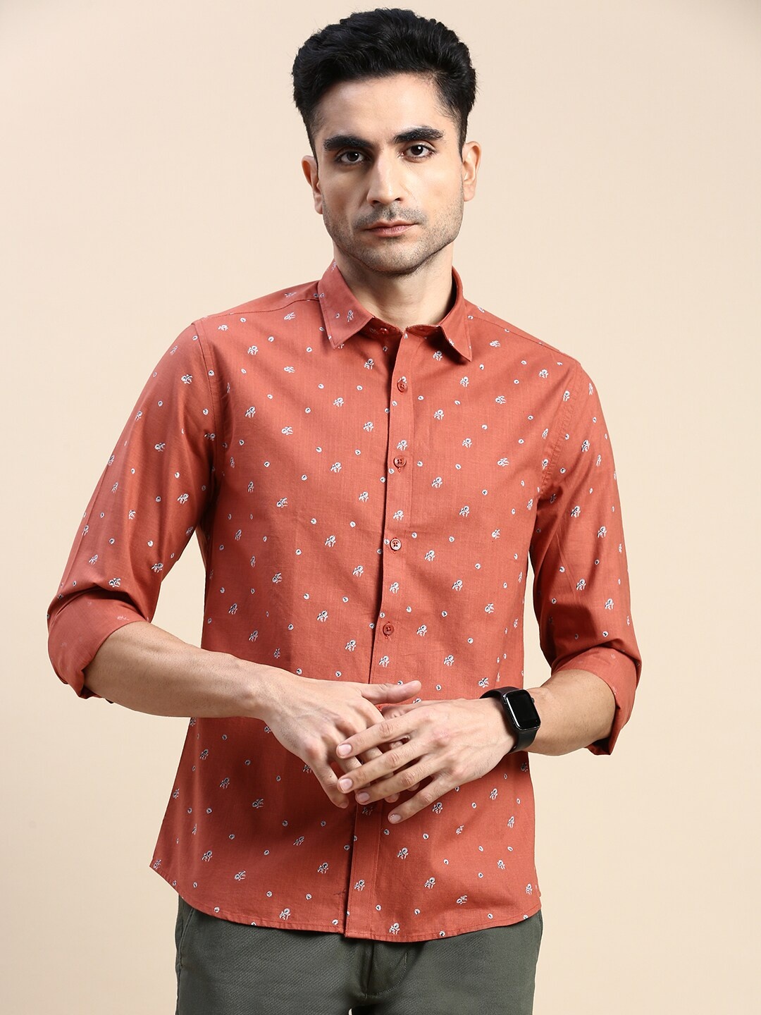 

INVICTUS Sport Floral Printed Spread Collar Slim Fit Cotton Casual Shirt, Rust