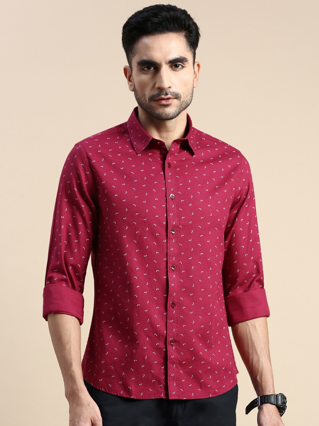 

INVICTUS Sport Floral Printed Spread Collar Slim Fit Oxford Cotton Casual Shirt, Maroon