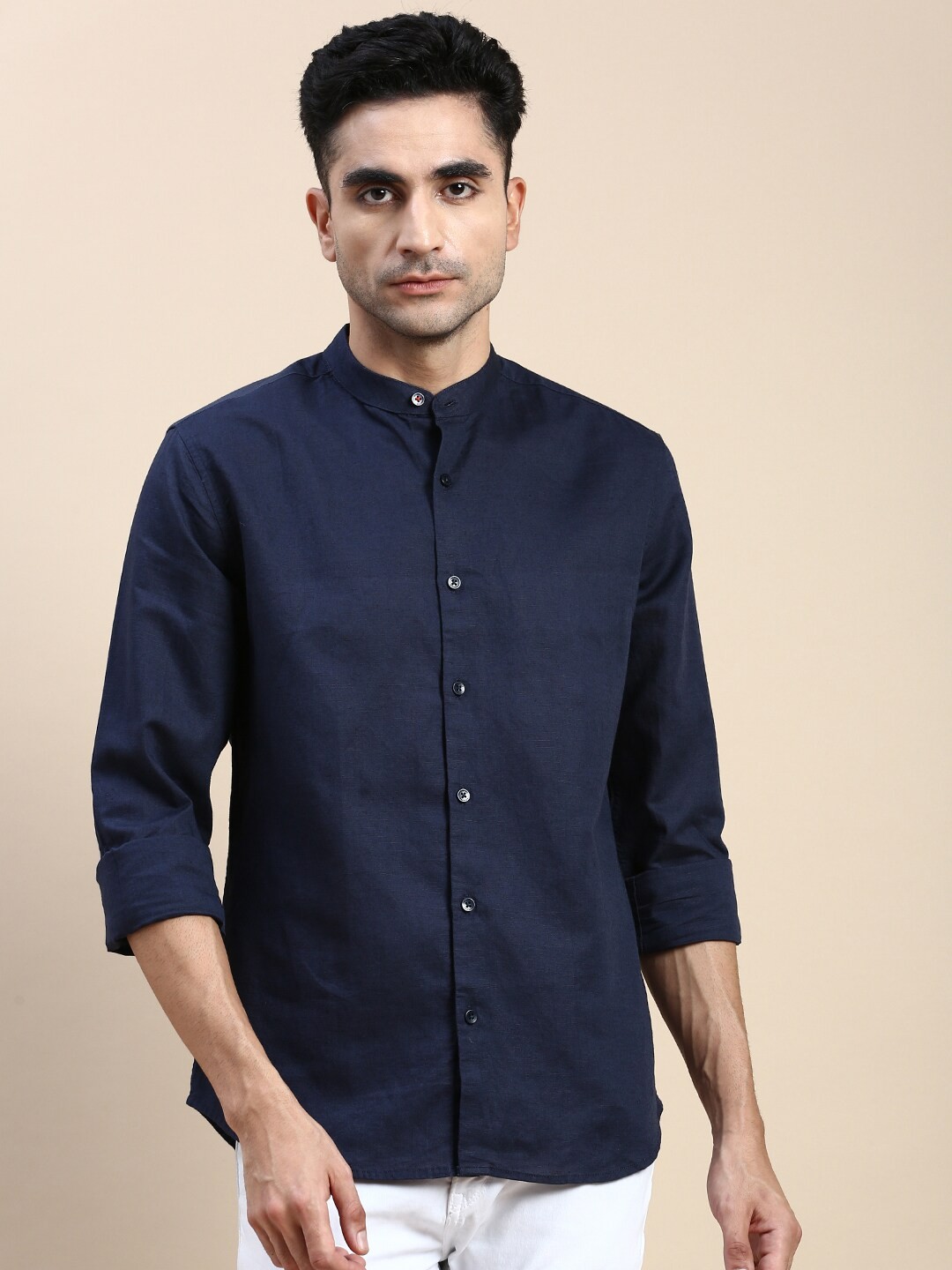 

INVICTUS Sport Band Collar Slim Fit Cotton Casual Shirt, Navy blue