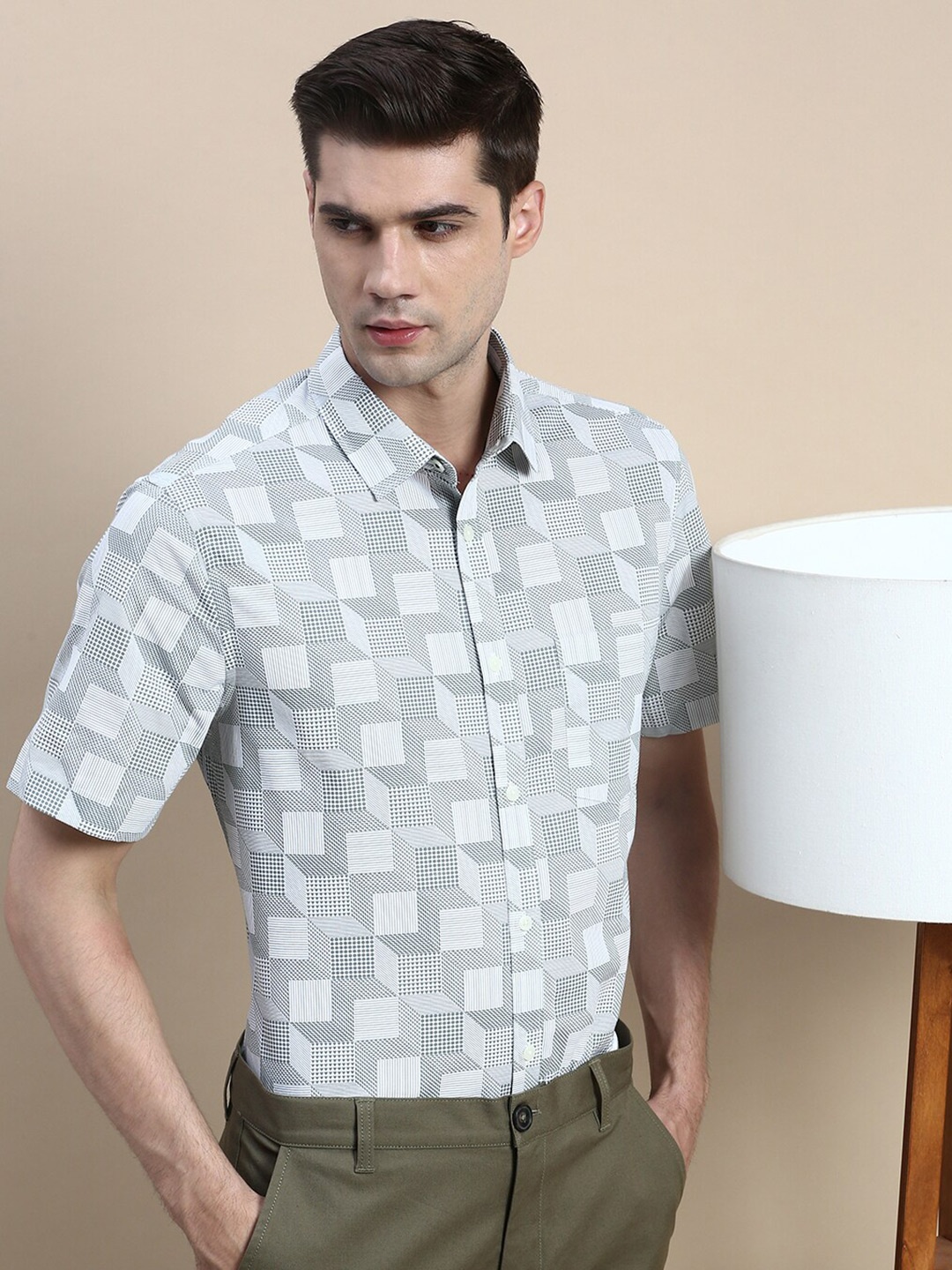 

INVICTUS Geometric Printed Standard Slim Fit Cotton Formal Shirt, Grey