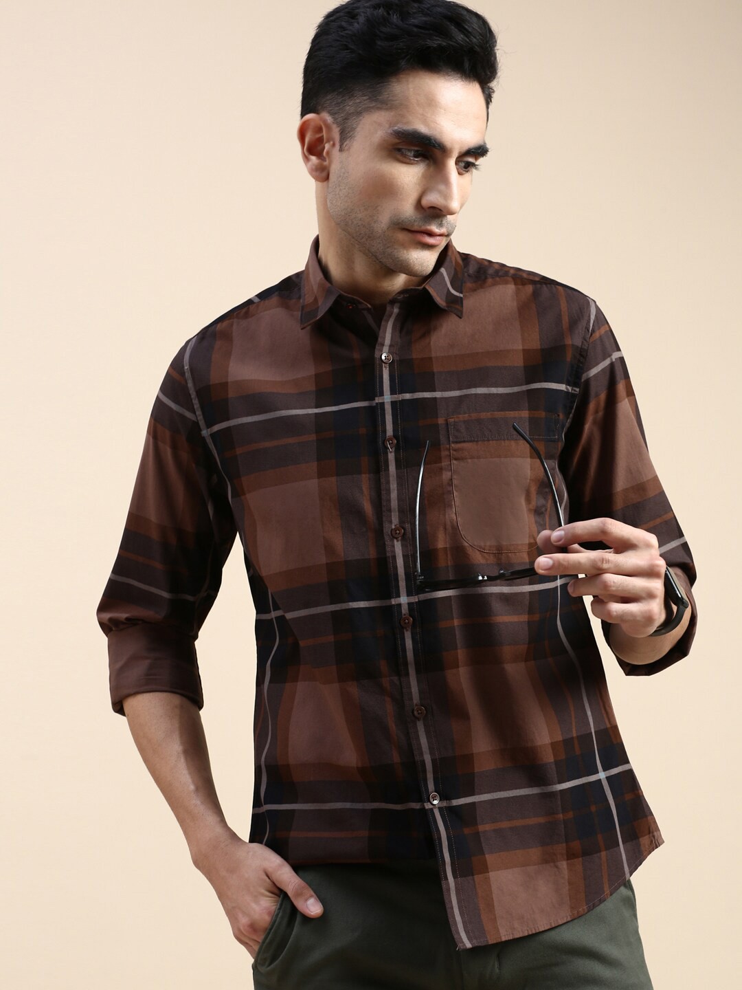 

INVICTUS Sport Slim Fit Tartan Checked Slim Fit Cotton Casual Shirt, Brown