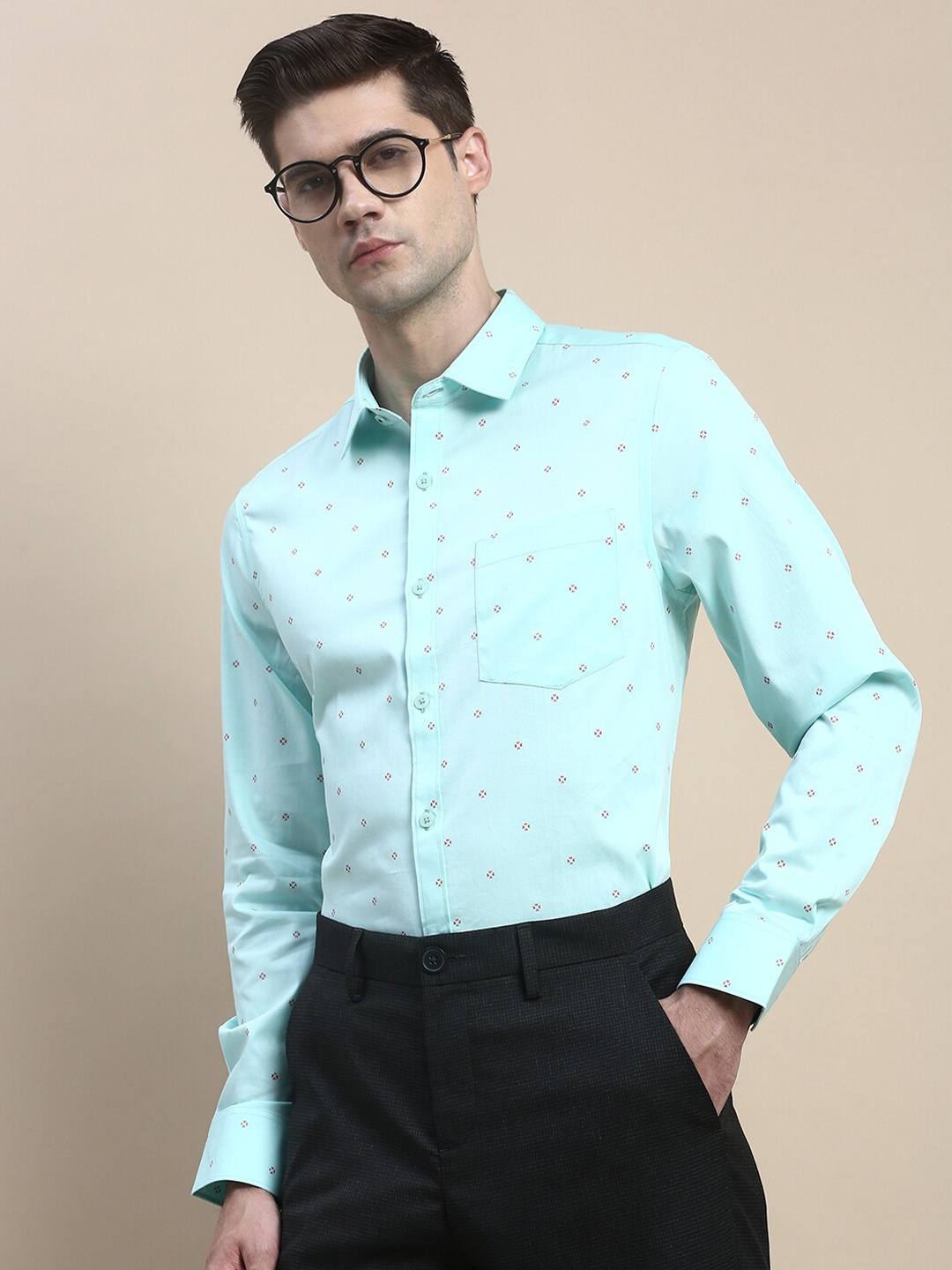 

INVICTUS Standard Conversational Printed Slim Fit Cotton Formal Shirt, Sea green