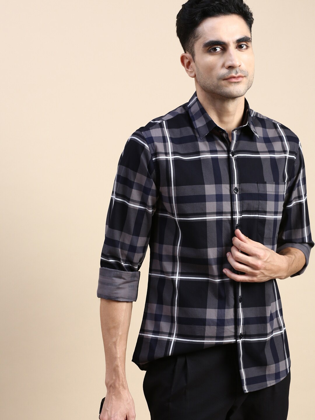 

INVICTUS Sport Slim Fit Tartan Checked Cotton Casual Shirt, Black