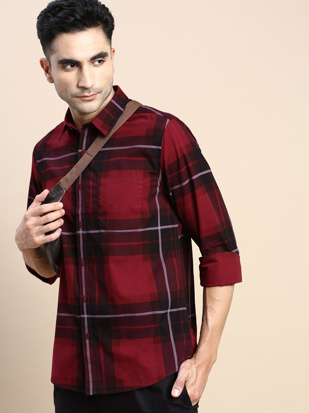 

INVICTUS Sport Slim Fit Tartan Checked Cotton Casual Shirt, Maroon