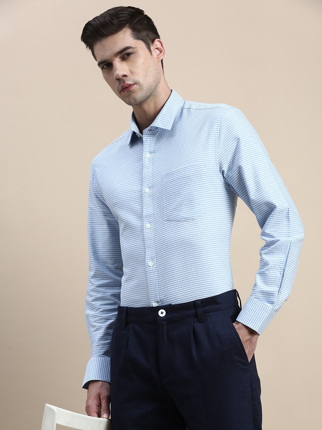 

INVICTUS Micro Checked Standard Slim Fit Cotton Formal Shirt, Blue