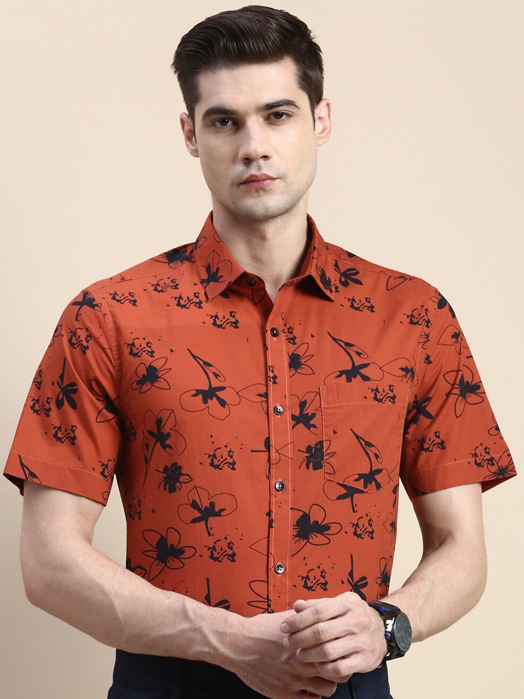

INVICTUS Standard Slim Fit Abstract Printed Formal Cotton Shirt, Rust