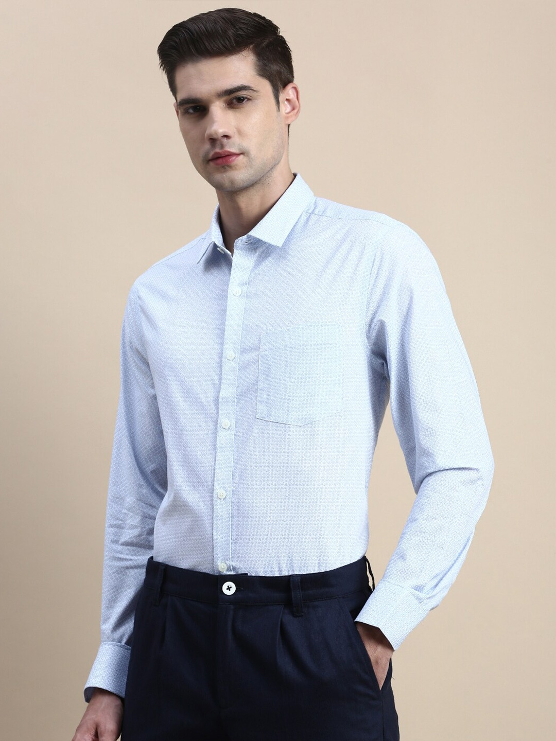 

INVICTUS Standard Slim Fit Micro Ditsy Printed Cotton Formal Shirt, Blue