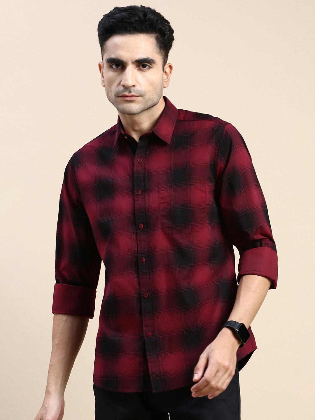 

INVICTUS Sport Slim Fit Checked Spread Collar Long Sleeves Cotton Casual Shirt, Maroon