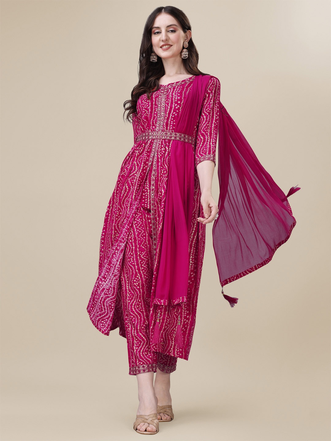 

Berrylicious Women Pink Bandhani Printed High Slit Thread Work Kurta with Trousers & With Dupatta