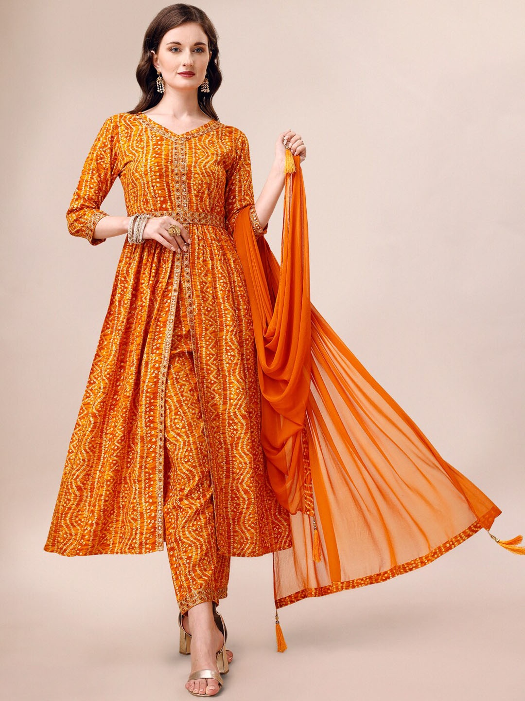 

Berrylicious Bandhani Printed Mirror Work High Slit A-Line Kurta & Trousers with Dupatta, Mustard