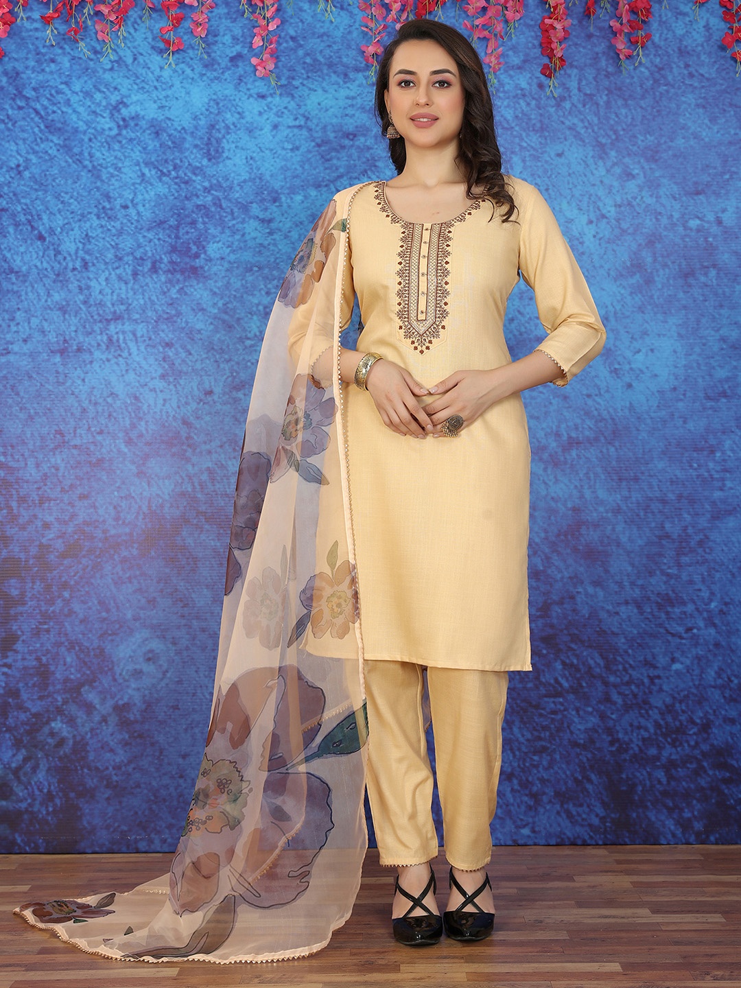 

KALINI Ethnic Motifs Yoke Design Thread Work Kurta & Trousers With Dupatta, Beige