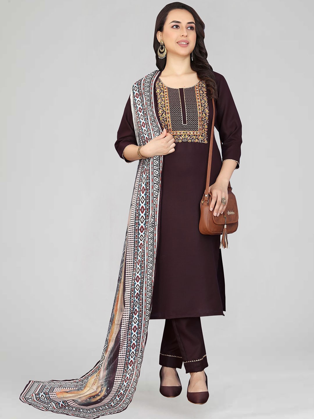 

KALINI Floral Yoke Design Thread Work Gotta Patti Straight Kurta With Trousers & Dupatta, Burgundy