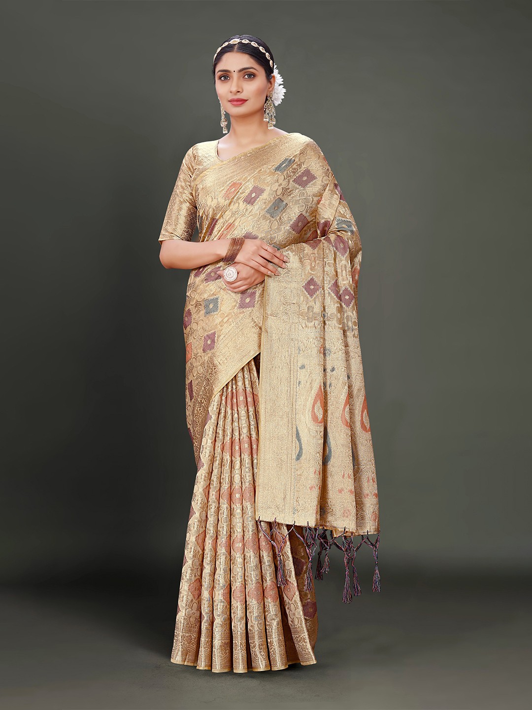 

all about you Beige Ethnic Motifs Woven Design Zari Organza Kanjeevaram Saree