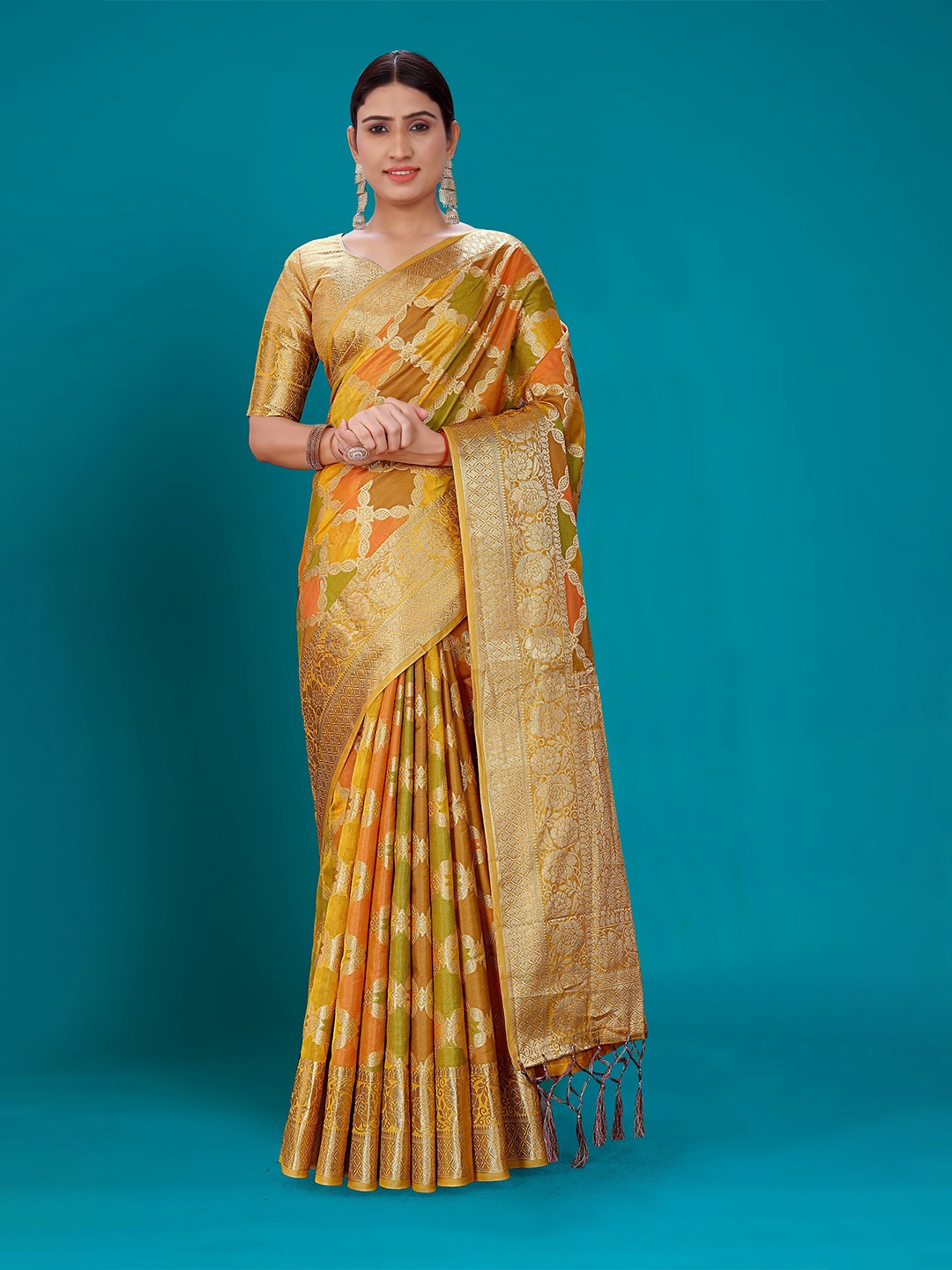 

all about you Mustard Ethnic Motifs Woven Design Zari Organza Kanjeevaram Saree