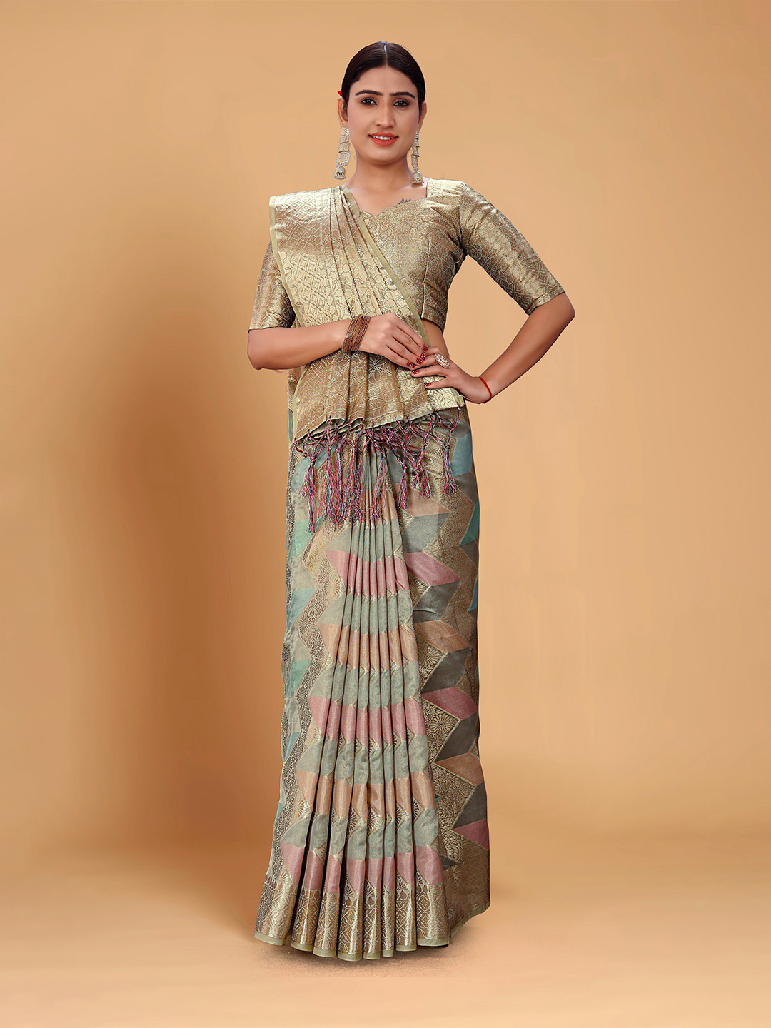 

all about you Grey Ethnic Motifs Woven Design Zari Organza Kanjeevaram Saree