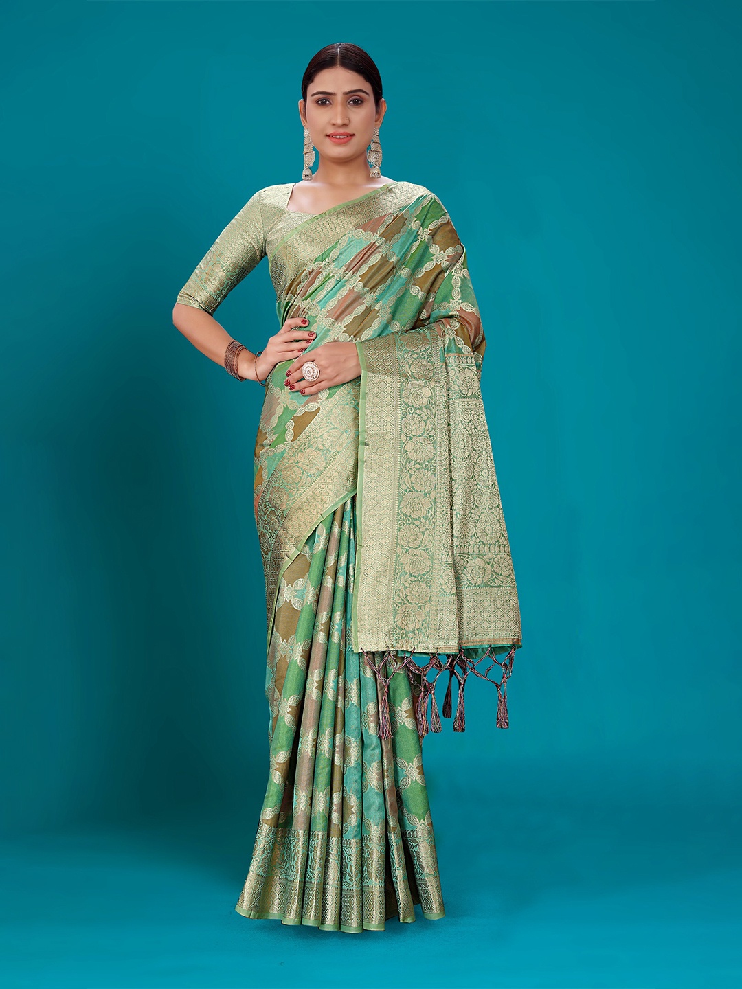 

all about you Sea Green Ethnic Motifs Woven Design Zari Organza Kanjeevaram Saree