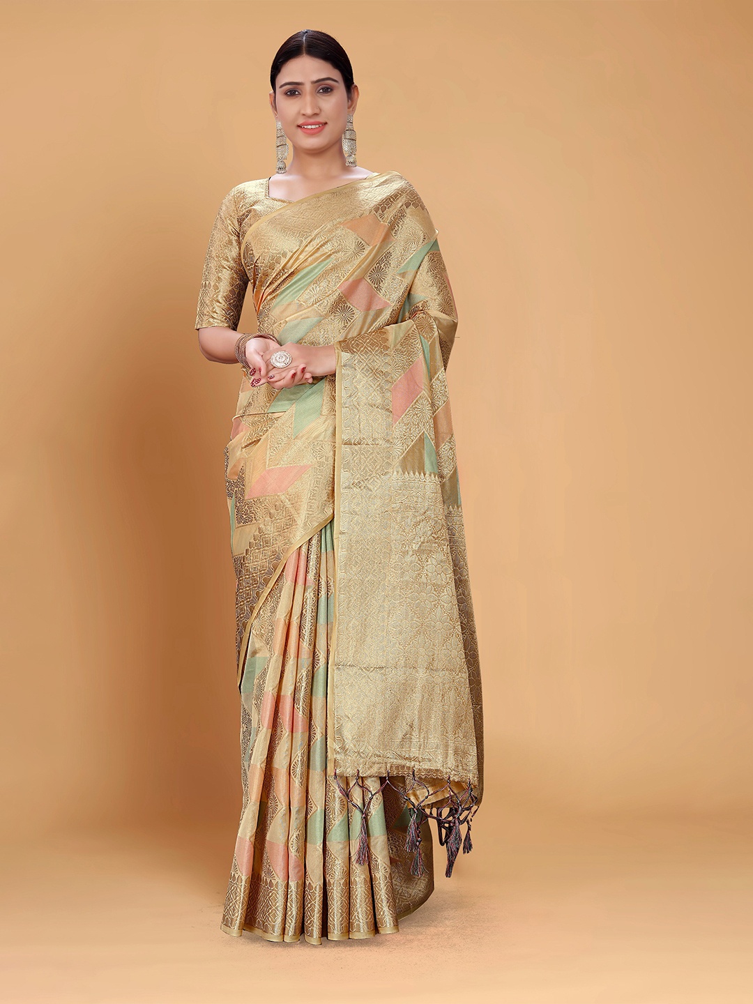 

all about you Beige Ethnic Motifs Woven Design Zari Organza Kanjeevaram Saree