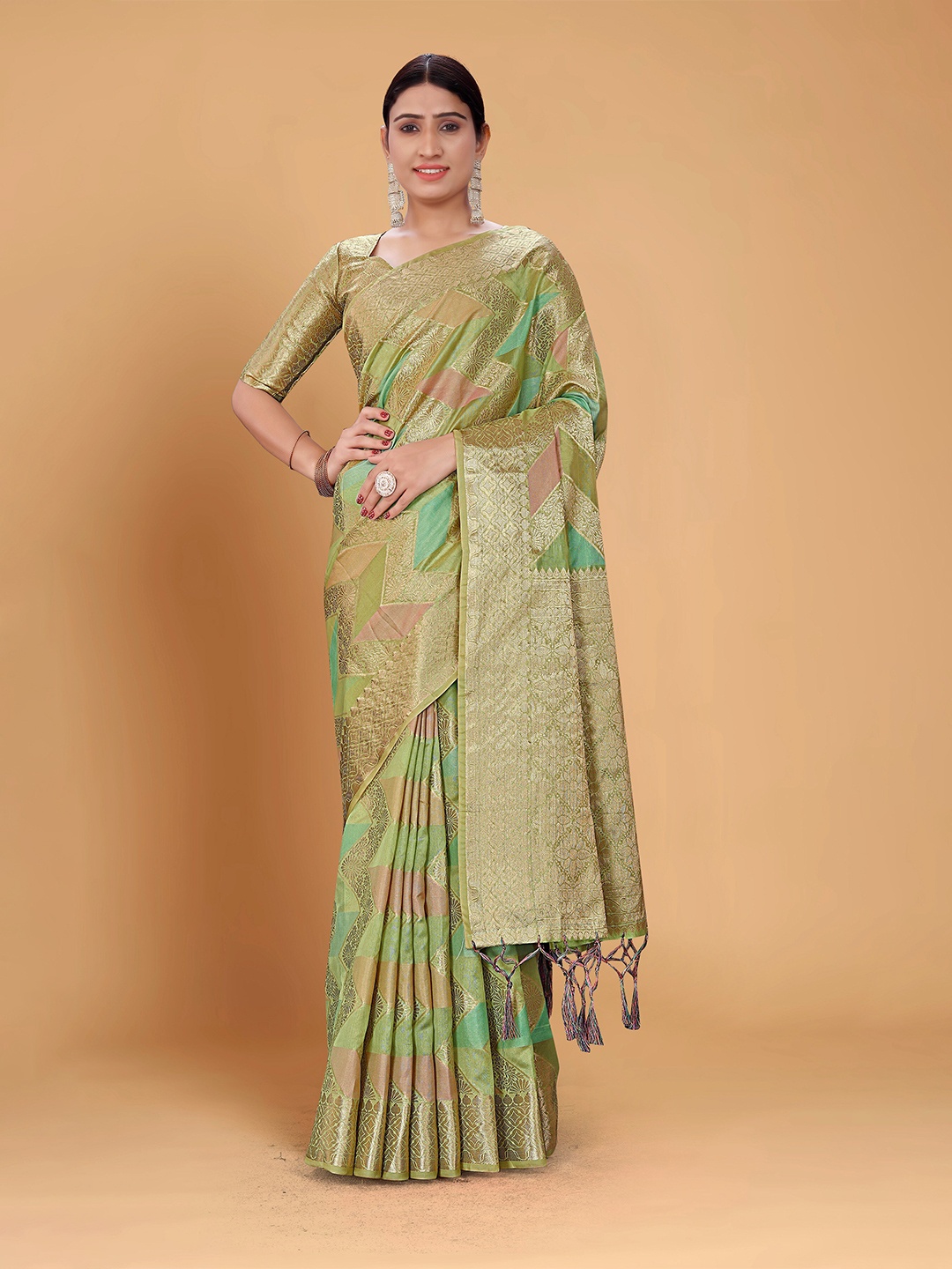 

all about you Green Ethnic Motifs Woven Design Zari Organza Kanjeevaram Saree