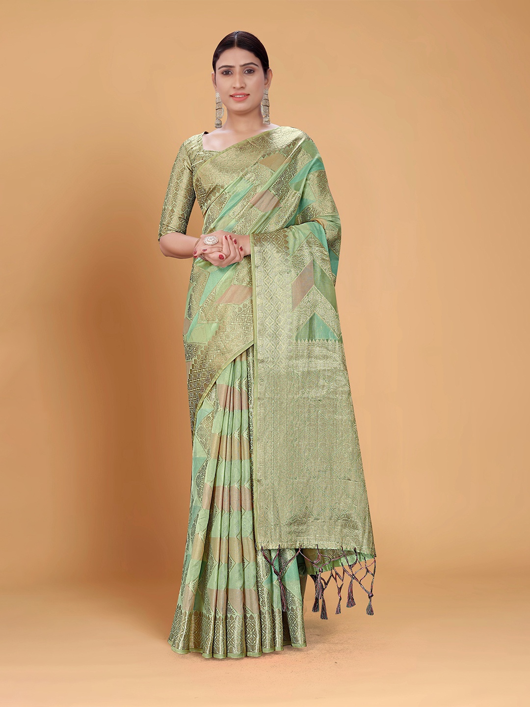 

all about you Sea green Ethnic Motifs Woven Design Zari Organza Kanjeevaram Saree