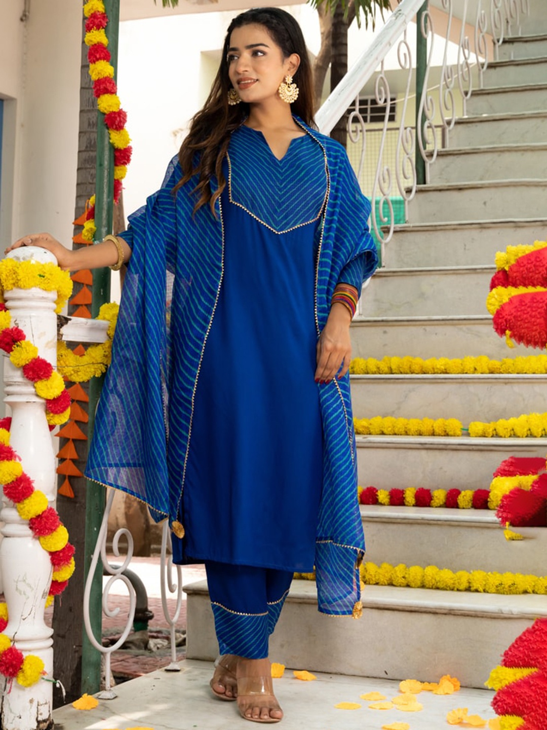 

Indi INSIDE Leheriya Yoke Design Gotta Patti Kurta With Trousers & Dupatta, Blue
