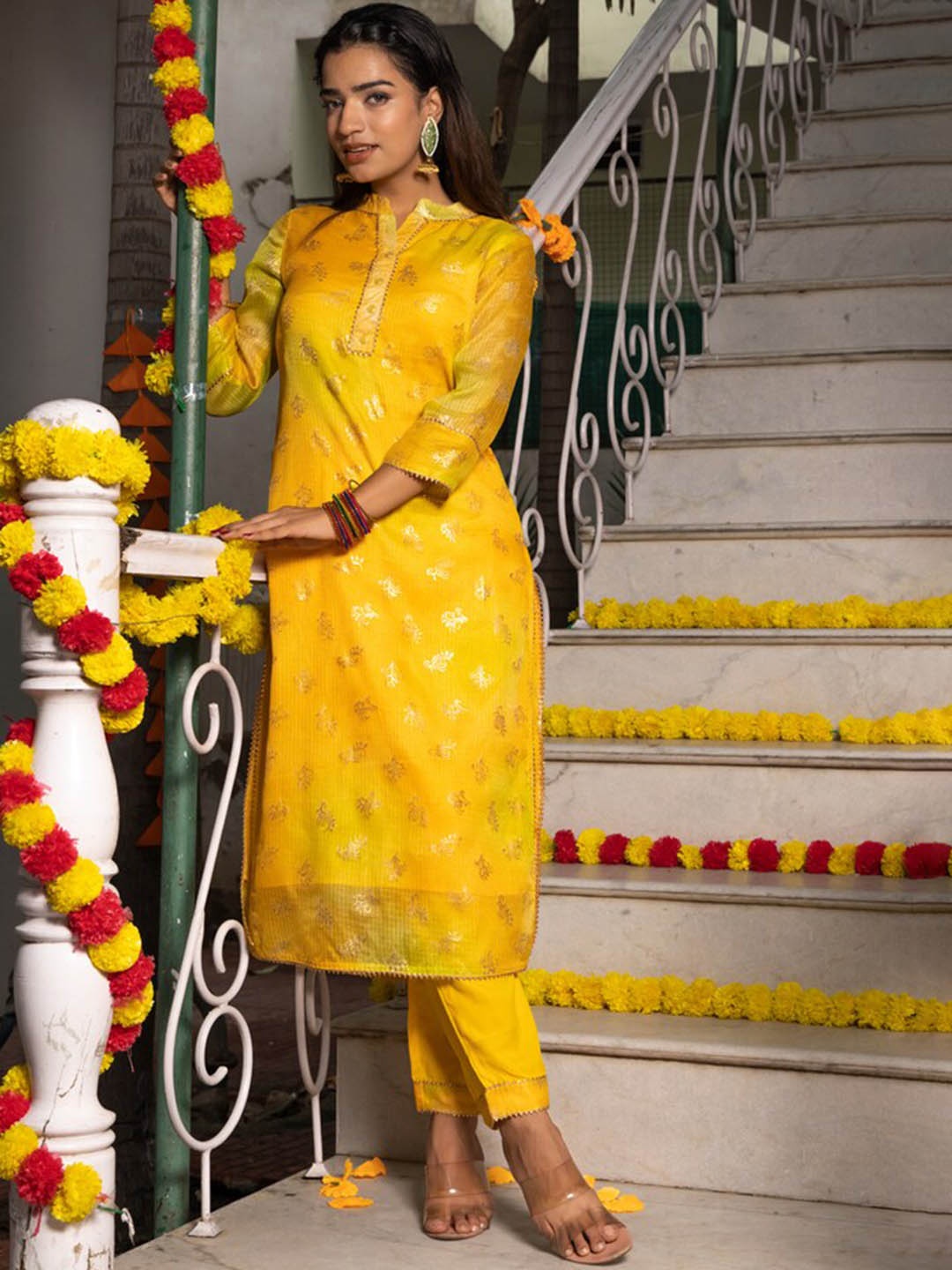 

Indi INSIDE Ethnic Motifs Printed Regular Gotta Patti Pure Cotton Kurta With Trousers, Yellow