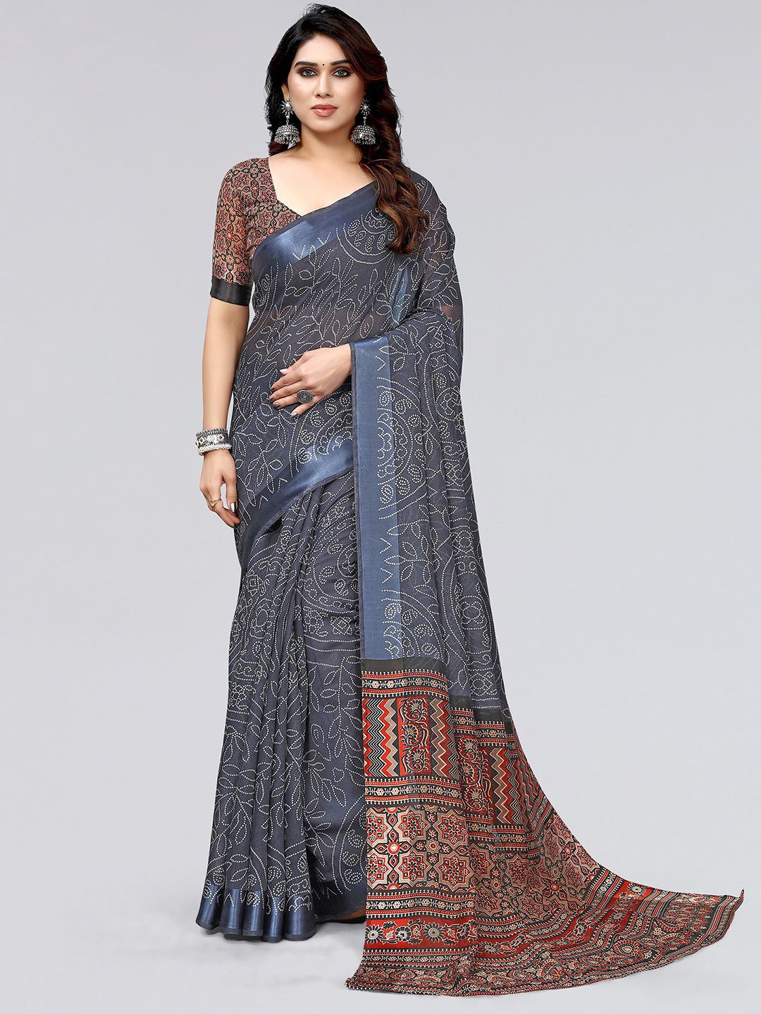 

KALINI Bandhani Printed Saree, Grey