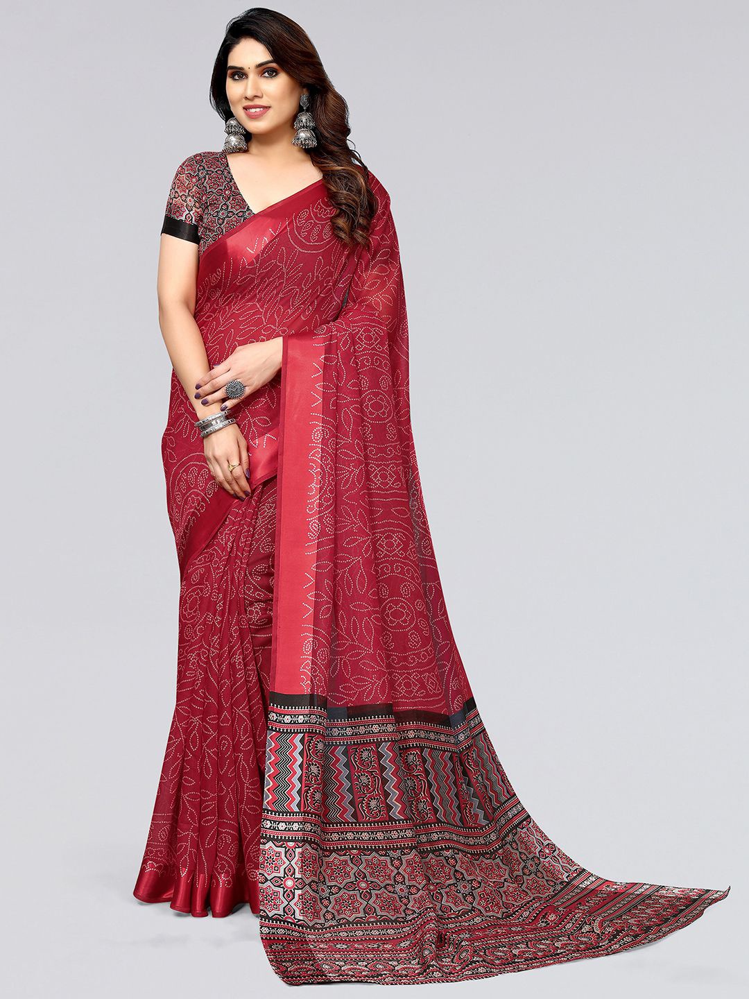 

KALINI Printed Bandhani Saree, Red