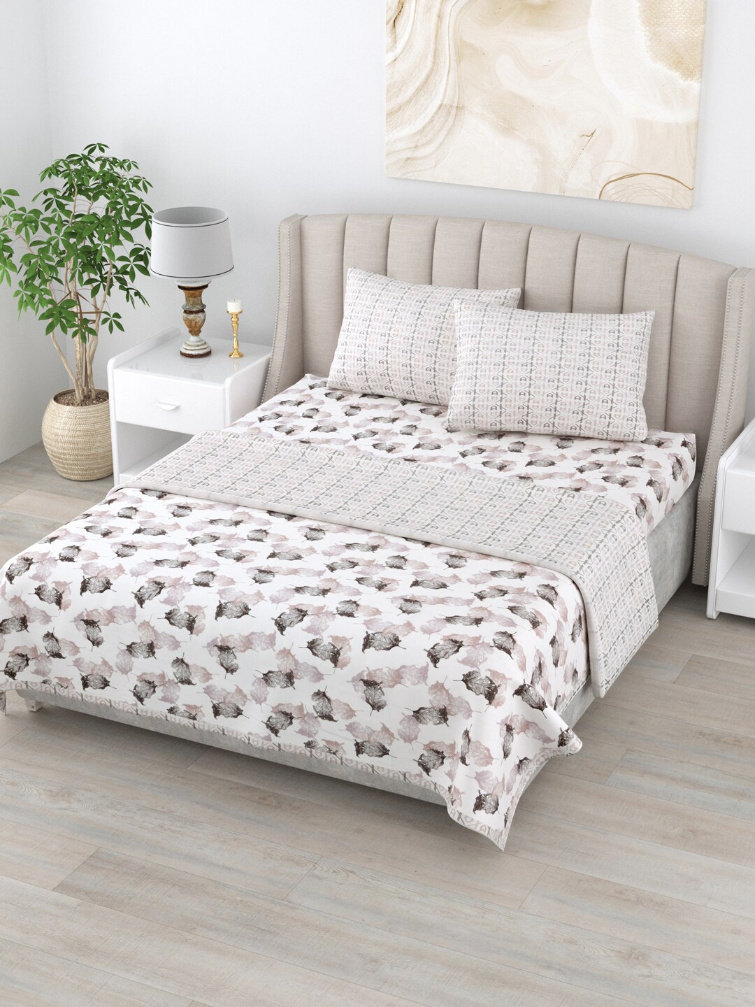 

Home Fresh Rosemary White & Brown Floral AC Room Pure Cotton 210 GSM Double Bedding Set