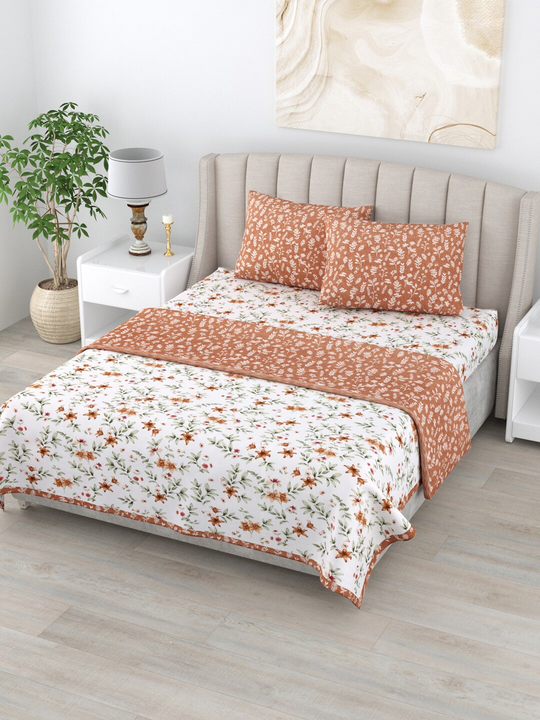 

Home Fresh Rosemary White & Brown Floral AC Room Pure Cotton 210 GSM Double Bedding Set