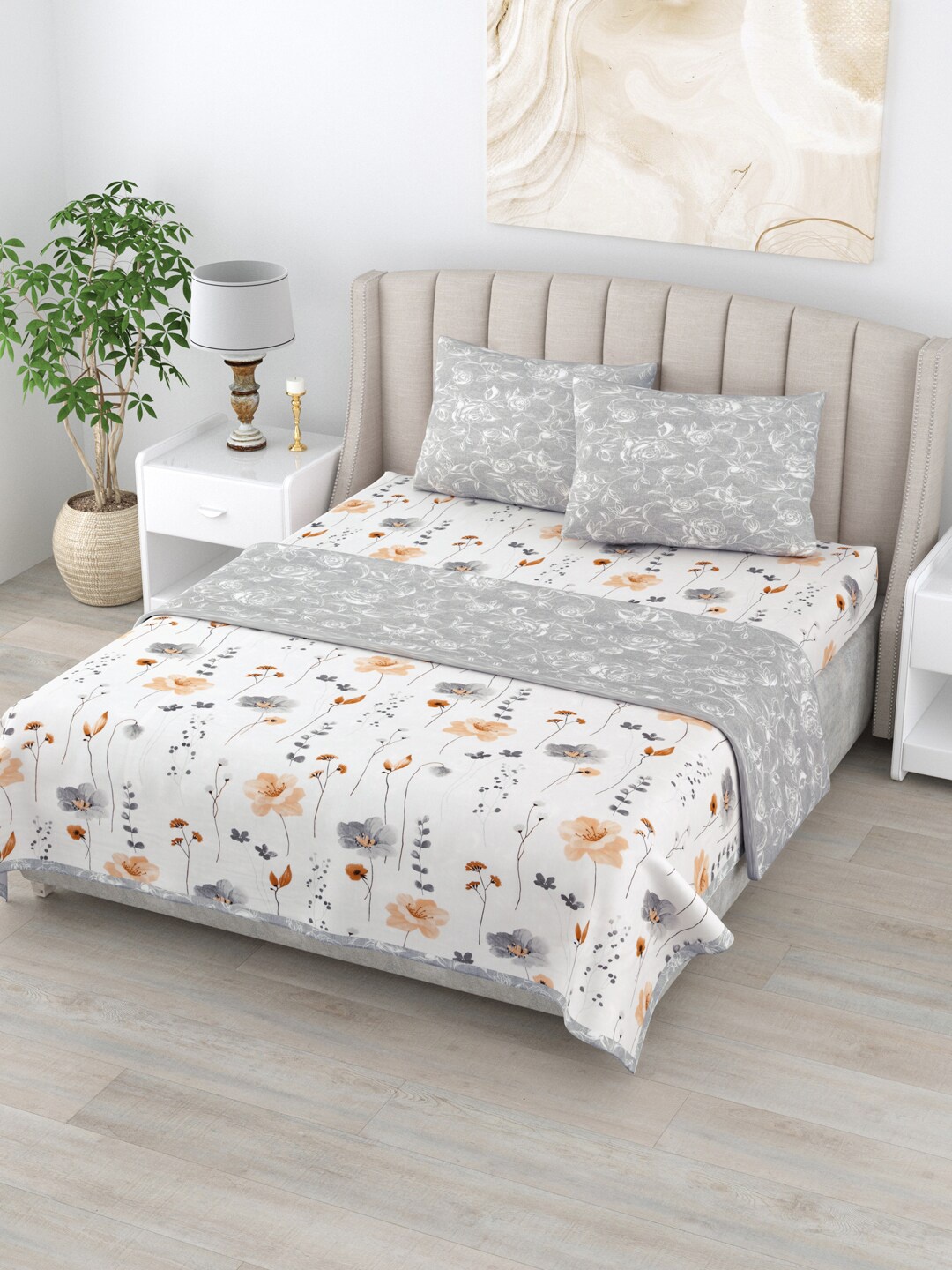 

Home Fresh Off White & Grey Floral AC Room 210 GSM Pure Cotton Double Bed Dohar Set