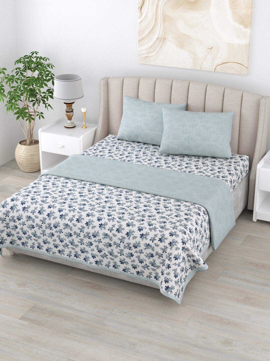 

Home Fresh Rosemary Grey & Blue Floral AC Room Pure Cotton 210 GSM Double Bedding Set