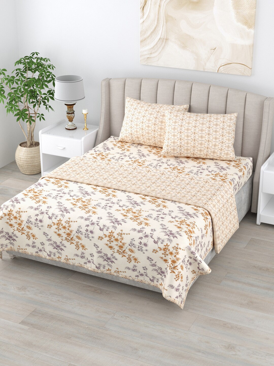 

Home Fresh Rosemary Brown & Purple Printed AC Room 210 GSM Cotton Double Bed Dohar Set