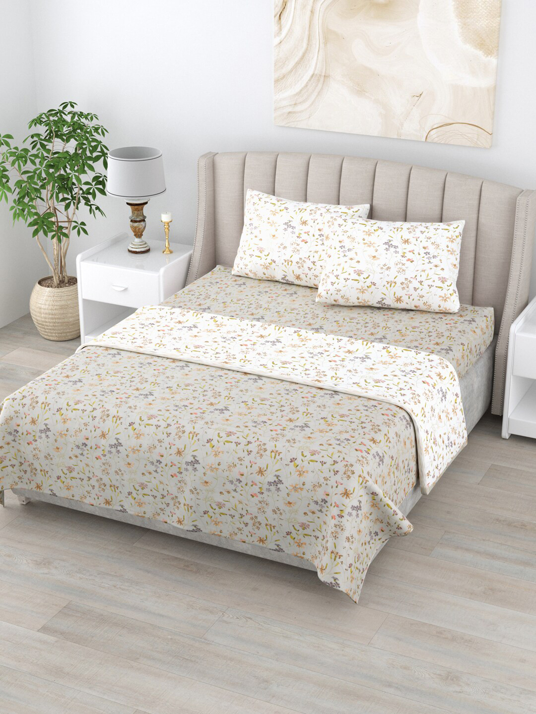

Home Fresh Rosemary Grey & White Floral AC Room Pure Cotton 210 GSM Double Bedding Set