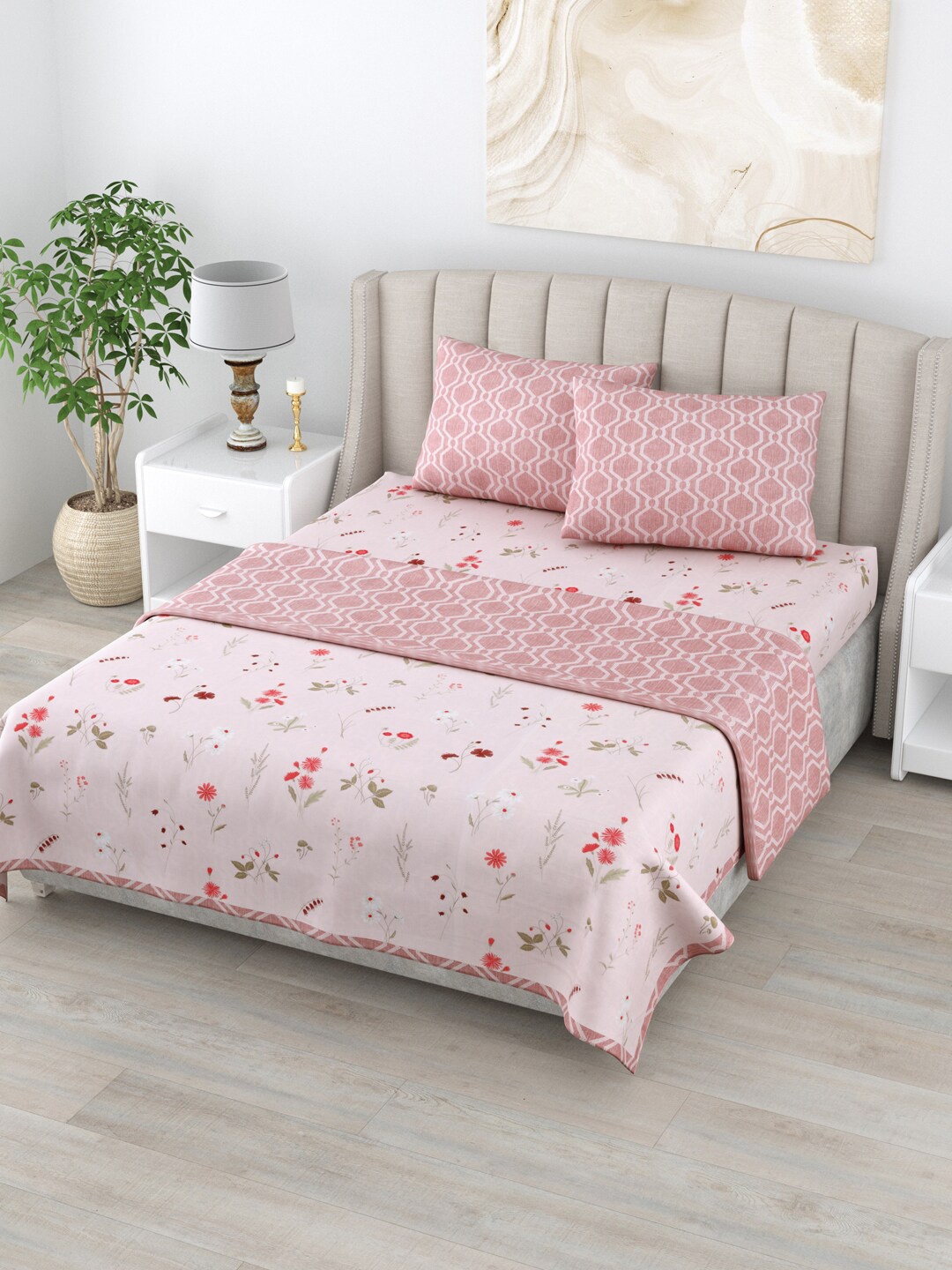 

Home Fresh Rosemary Pink Floral AC Room 210 GSM Pure Cotton Double Bed Dohar