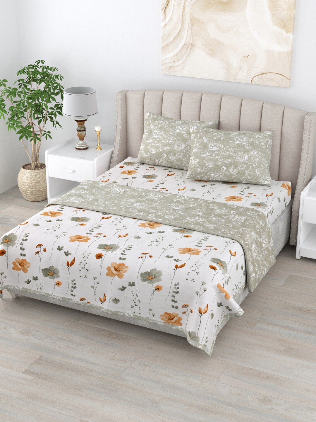 

Home Fresh Rosemary White & Green Floral AC Room Pure Cotton 210 GSM Double Bedding Set