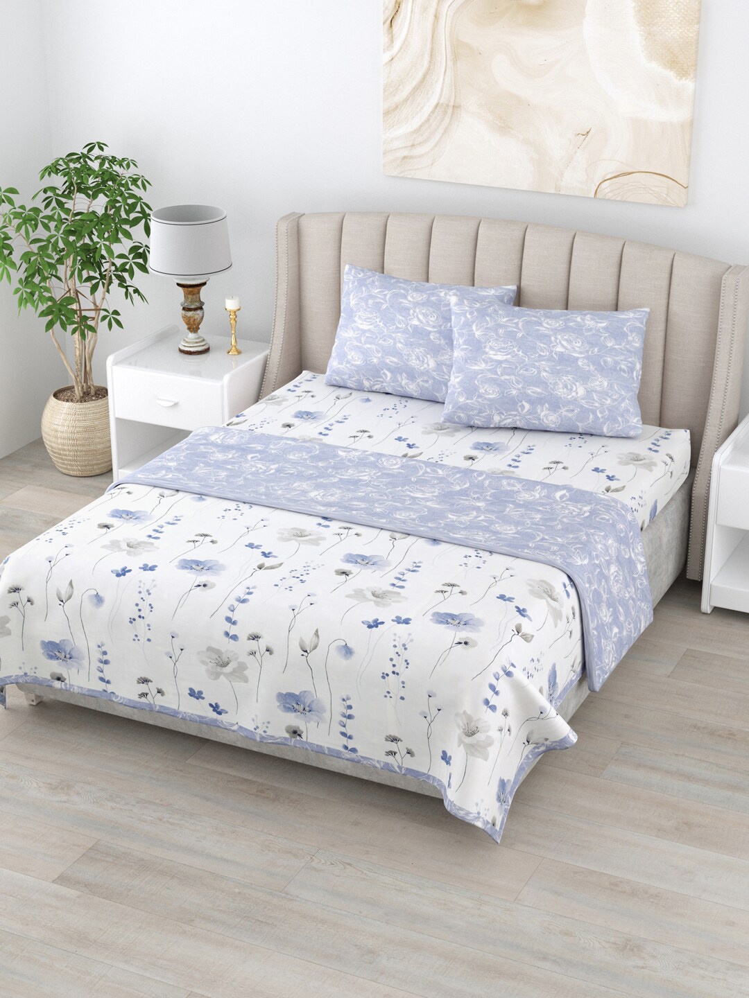 

Home Fresh Rosemary Blue & White Printed AC Room 210 GSM Pure Cotton Double Bed Dohar Set